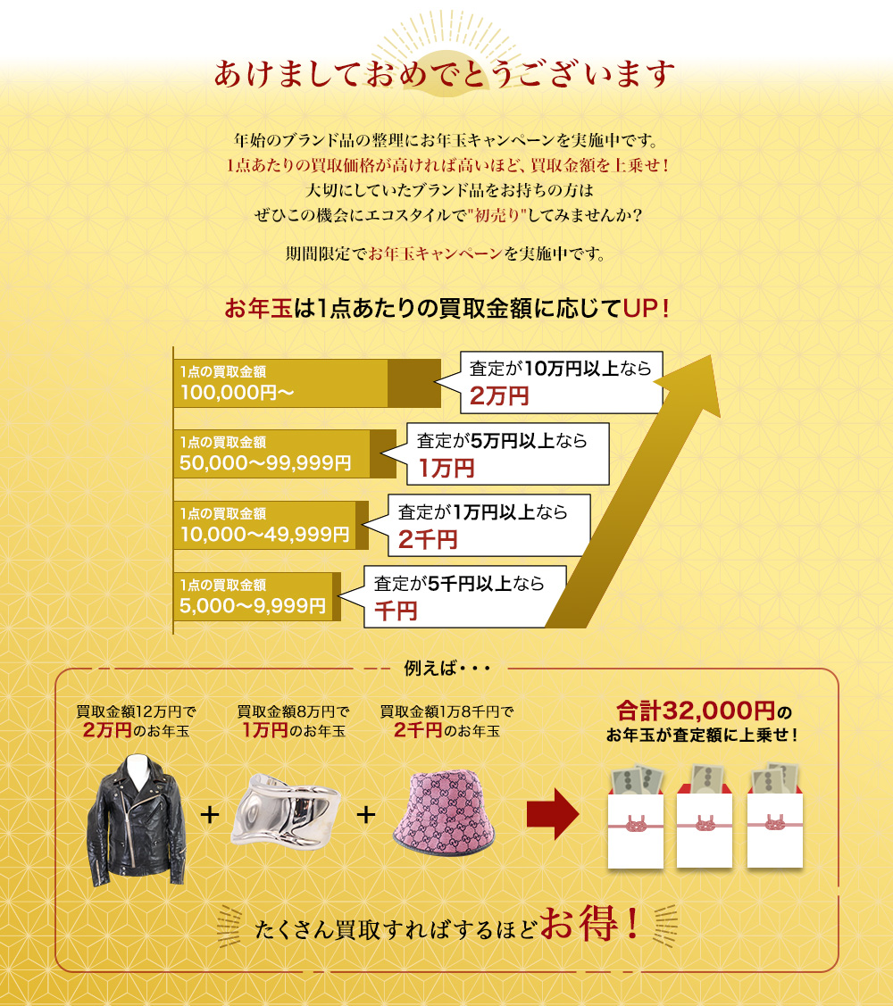 あけましておめでとうございます　お年玉は1点あたりの買取金額に応じてUP!　たくさん買取すればするほどお得！