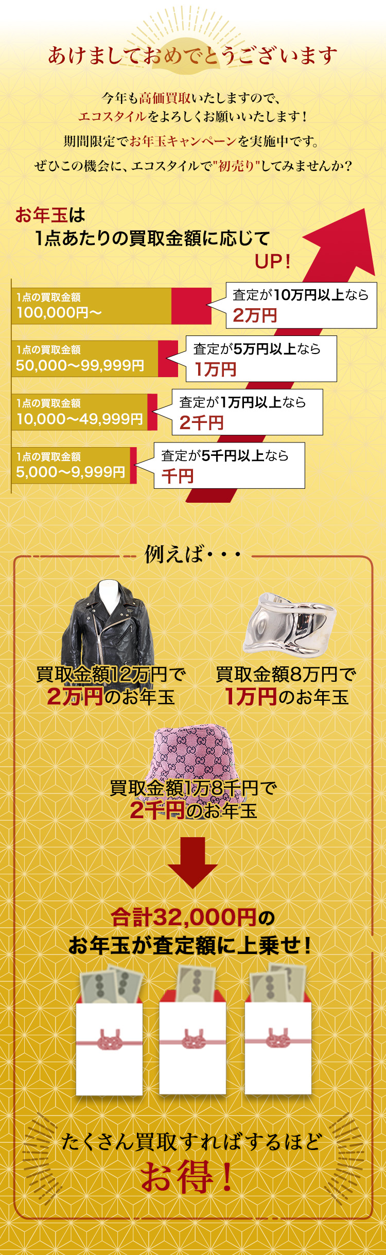 あけましておめでとうございます　お年玉は1点あたりの買取金額に応じてUP!　たくさん買取すればするほどお得！