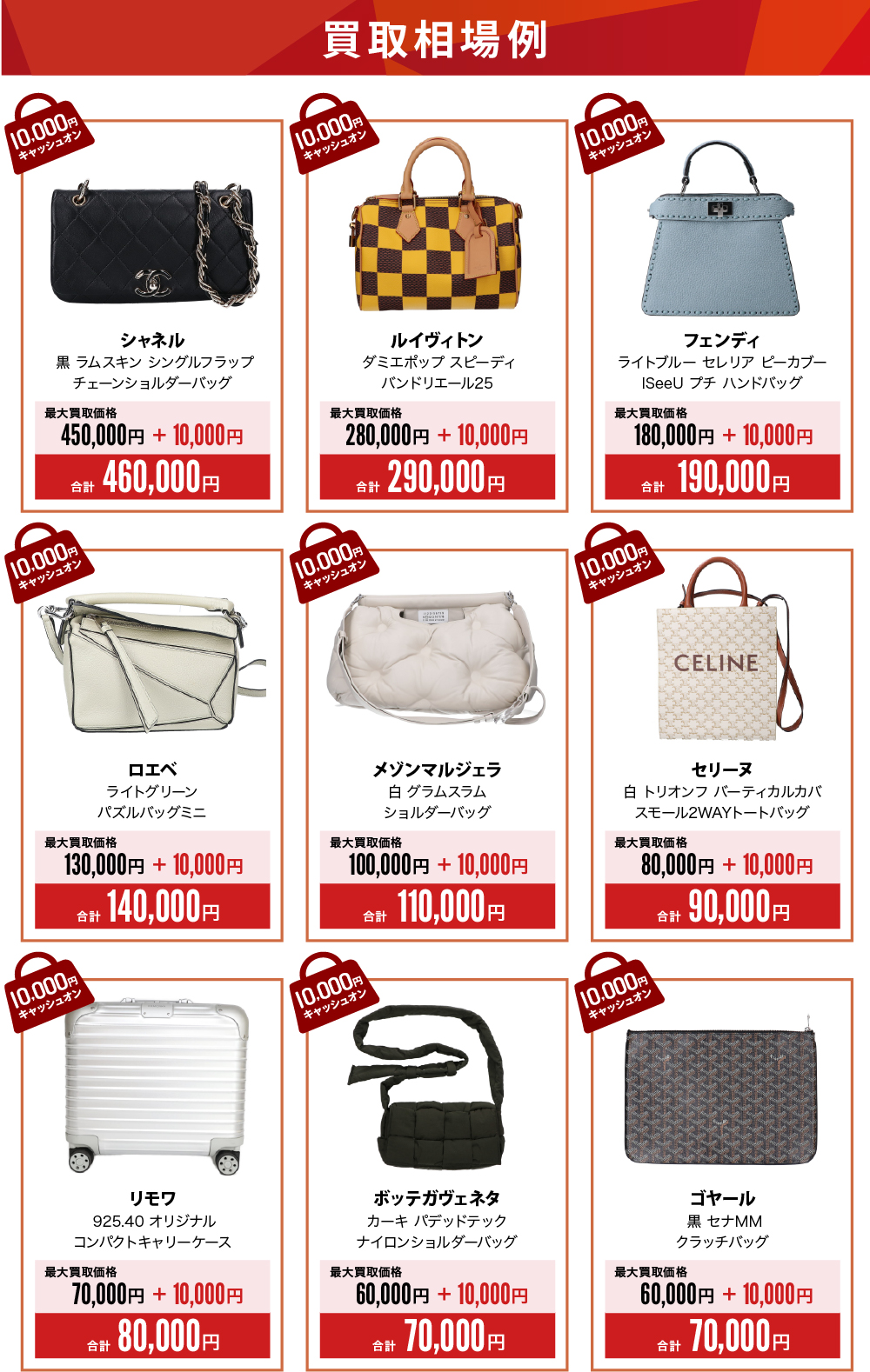 バッグ買取強化キャンペーン1点あたり5万円以上の買取でもれなく10,000円キャッシュオン買取相場例一覧