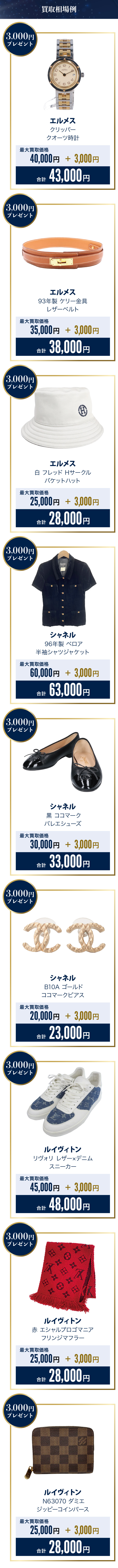 ルイヴィトン・シャネル・エルメス 1万円以上の買取でもれなく1点あたり3,000円プレゼントキャンペーン買取相場例一覧