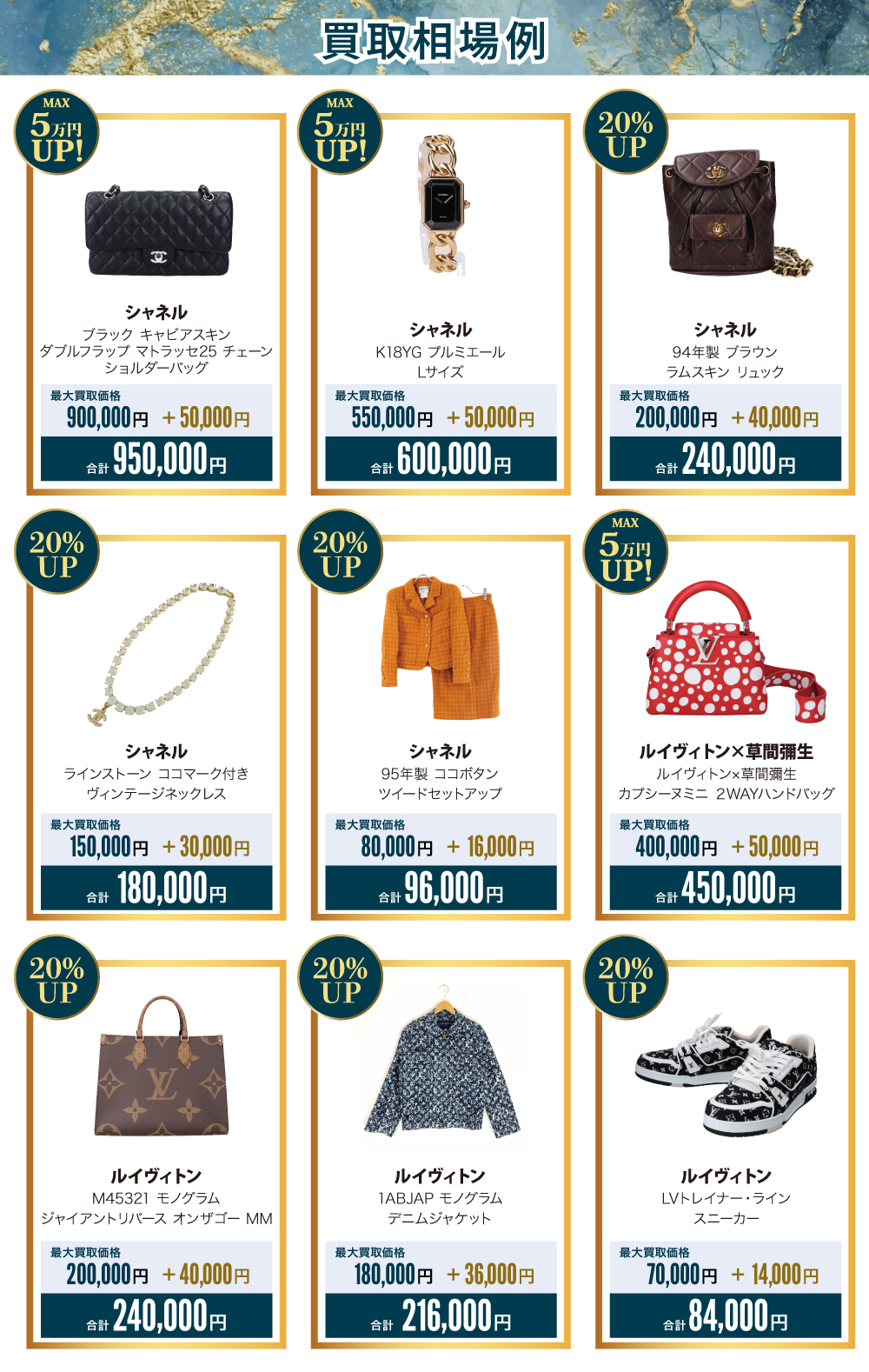シャネル、ルイヴィトン全品買取20%アップ 買取相場例一覧