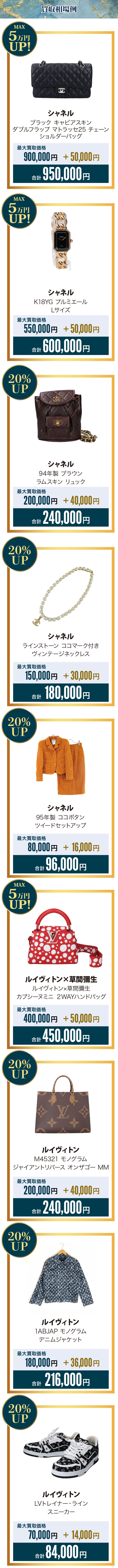 シャネル、ルイヴィトン全品買取20%アップ 買取相場例一覧