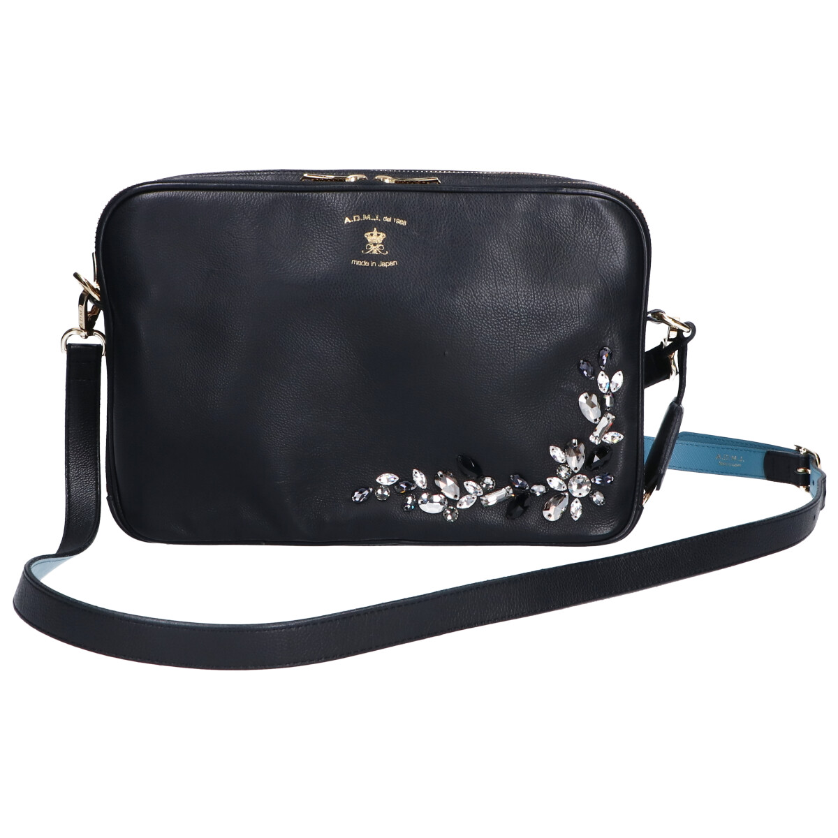 【極美品】ADMJ ショルダーバッグ スクエア スワロフスキー レザー ブラック 大阪心斎橋店でADMJのスワロフスキー付きスクエアショルダーバッグを